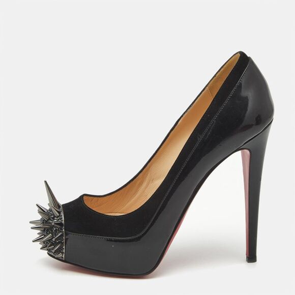 Christian Louboutin Black Patent Leather And Suede Asteroid Spikes Pumps Size 37 - Picture 1 of 7